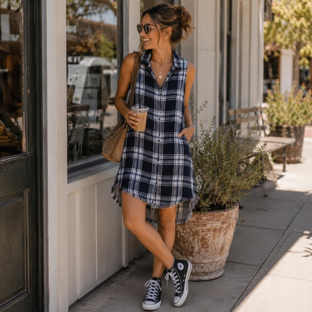 Blue Plaid Sleeveless Shirt Dress Frayed Hem Womens Small Flannel Country Grunge